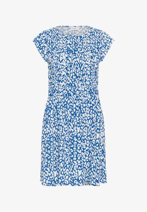 Sinine kleit valge abstraktse leopardimustriga, lühikeste varrukatega, ümar kaelus ja volangvöö. Valmistatud kergest kangast.