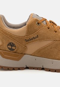 Zapatillas de ante color beige con acentos de malla gris, que presentan cordones redondos, suela de goma marrón y un logo bordado en el lateral.