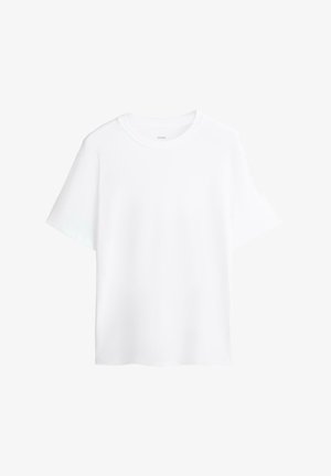 Maglietta a maniche corte con scollo rotondo, di colore bianco semplice, con vestibilità comoda, mostrata su uno sfondo bianco.