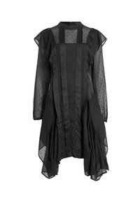 Robe noire à manches longues avec tissu à pois transparent, rayures verticales en satin, col montant et ourlet asymétrique.