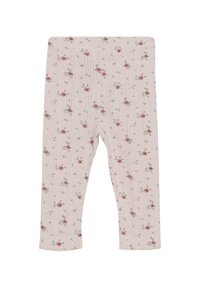 Leggings i mjuk rosa tyg med ett blommönster av små rosor och gröna blad, strukturerade ränder och vågiga manschetter.