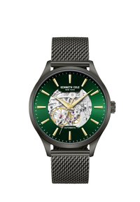 Automatische Uhr mit grünem Ziffernblatt, goldenen Stundenmarkierungen und transparentem Gehäuseboden. Schwarzes Metall-Mesh-Armband und runder Gehäuse aus rostfreiem Stahl.