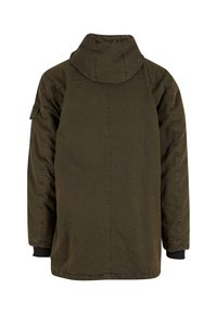 Olivgrüne Jacke mit Kapuze, langen Ärmeln und gerippten Bündchen. Verfügt über eine vertikale Naht in der Mitte und eine Utility-Tasche am Ärmel.