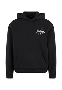 Schwarzer Kapuzenpullover mit einer Fronttasche, versehen mit einem weißen grafischen Design auf der Brust. Hergestellt aus weichem, strukturiertem Stoff.
