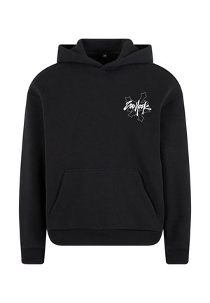Zwarte hoodie met een voorzak, voorzien van een witte grafische afbeelding op de borst. Gemaakt van zachte, gestructureerde stof.