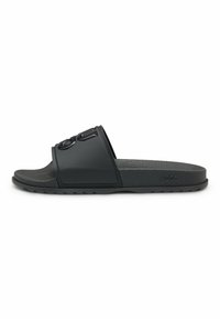 Black rubber slide sandal with a wide strap featuring embossed logo, textured footbed, and textured sole for grip.