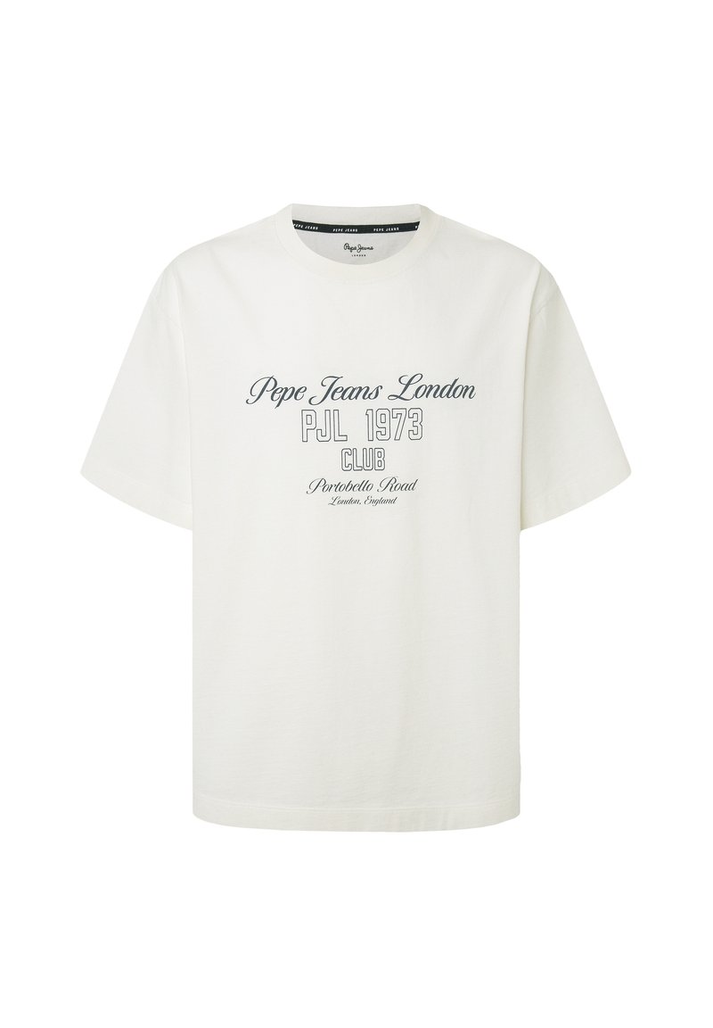 Weißes T-Shirt mit kurzen Ärmeln und schwarzem Text "Pepe Jeans London PJL 1973 Club Portobello Road London, England" auf der Vorderseite in der Mitte.