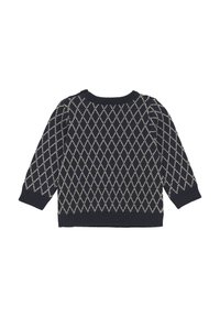 Marineblauer Pullover mit einem Rautenmuster in Creme, langen Ärmeln, Rundhalsausschnitt und gerippten Bündchen und Saum. Stricktextur.