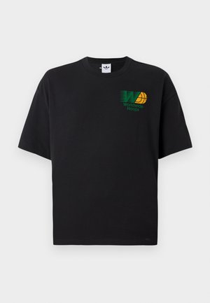 T-shirt en coton noir à manches courtes. Présente un graphique "Worldwide Hoops" vert et jaune sur le devant. Coupe ample, encolure ronde.