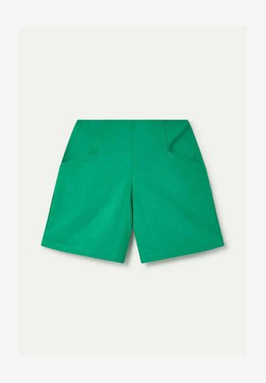 Pantalones cortos verdes de talle alto con bolsillos inclinados delanteros, ajuste entallado y longitud hasta la mitad del muslo sobre un fondo claro