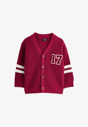 Red ribbed cardigan with white stripes on sleeves, featuring a V-neck, five buttons, and a large white "17" on the front.