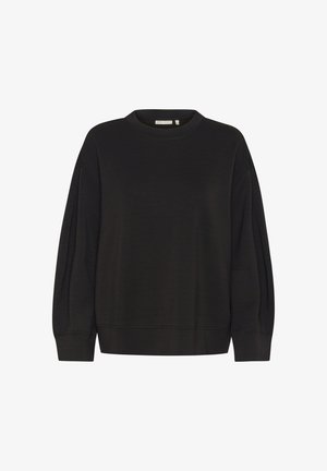 Czarny sweter z okrągłym dekoltem, długimi rękawami i ściągaczami na końcach rękawów. Gładka struktura z minimalną ilością szwów.