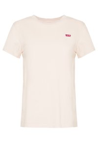 Ljust beige bomullströja med korta ärmar, rund halsringning och ett litet rött Levi's logotypmärke på bröstet.