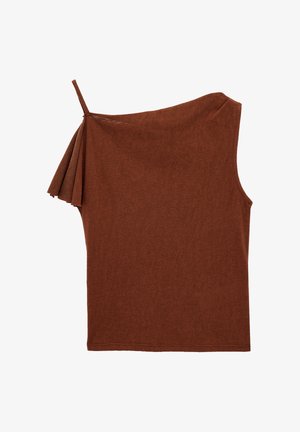 Top marron asymétrique sans manches avec une fine bretelle unique et un détail pompon en tissu sur l'épaule gauche, en mélange de coton.