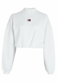 Sudadera blanca recortada con cuello alto, mangas largas y un pequeño logo en el pecho. Tejido suave con puños y dobladillo acanalados.