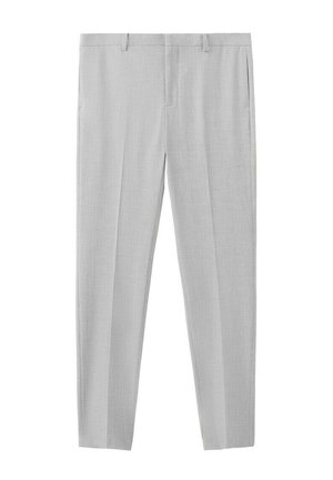 Hellgraue Herrenhose mit Bügelfalte vorne, Gürtelschlaufen und Seitentaschen, vor weißem Hintergrund dargestellt.