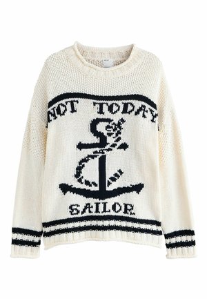 Tröja i krämfärgat garn med svart sjöfararankare designs, med randiga detaljer vid ärmsluten och nederkanten. Texten säger "Inte idag, sjöfarare."