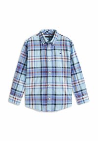Lange mouwen geruite shirt in tinten van blauw, groen en rood. Knopsluiting kraag, witte knopen, en een klein logo op de linkerborst. Katoenen materiaal.