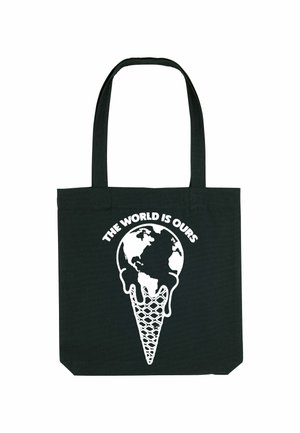Zwarte tote bag met witte graphic van een smeltende aarde als een ijsje met de tekst "De wereld is van ons" erboven.