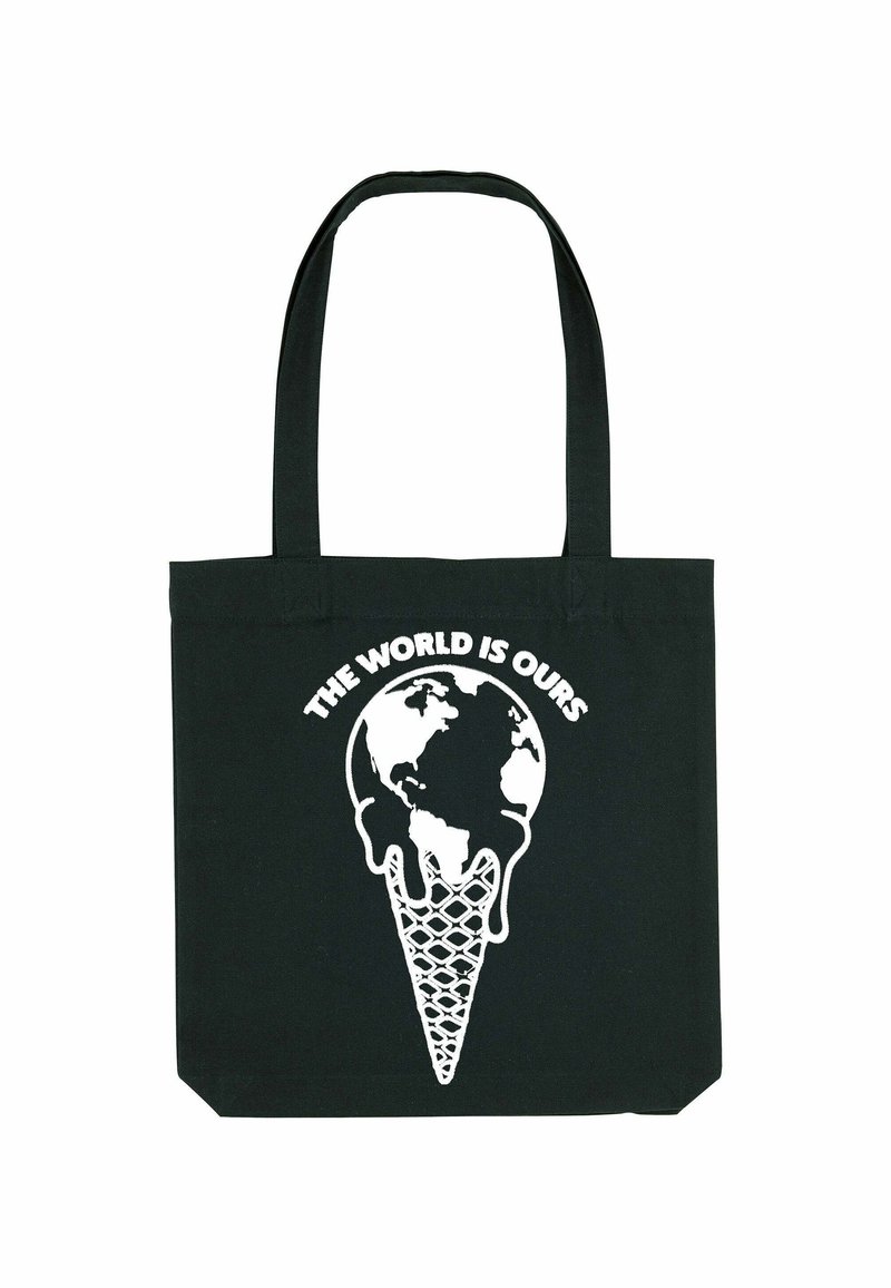 Borsa tote nera con grafica bianca di un pianeta Terra che si scioglie come un cono gelato e la scritta "Il mondo è nostro" sopra di esso.