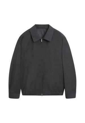 Dunkelgraue, zum Zuziehen mit Reißverschluss versehene Jacke mit Kragen, hergestellt aus strukturiertem Stoff, mit langen Ärmeln und elastischem Saum. Minimalistisches Design ohne Muster.