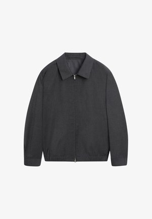 Dunkelgraue, zum Zuziehen mit Reißverschluss versehene Jacke mit Kragen, hergestellt aus strukturiertem Stoff, mit langen Ärmeln und elastischem Saum. Minimalistisches Design ohne Muster.