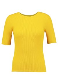 Yellow ribbed t-shirt with a round neckline and short sleeves, featuring a fitted silhouette and textured fabric.
