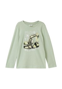 Długi rękaw, jasnozielona koszulka z miękkiej bawełny z grafiką koparki i napisem „ROLLING INTO CREATIVITY” w kolorze białym i czarnym.