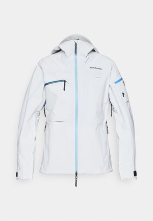 Biela vodotesná bunda s kapucňou, kontrastným svetlomodrým zipsom, viacerými zipsovými vreckami a čiernymi akcentmi. Hladká, textúrovaná tkanina.