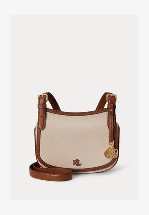 Beežist kangast õlakott pruuni nahast ääriste, reguleeritava rihma, kuldse RL logo ripatsi ja väikese RL monogrammiga esiküljel.