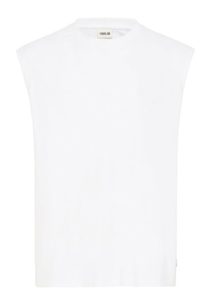 Bela brezrokavna majica iz mehkega bombaža, z visokim ovratnikom in sproščenim krojem. Preprost dizajn brez vzorcev ali okrasnih detajlov.