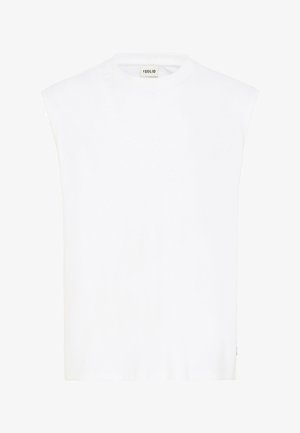 Bela brezrokavna majica iz mehkega bombaža, z visokim ovratnikom in sproščenim krojem. Preprost dizajn brez vzorcev ali okrasnih detajlov.