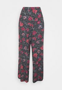 Kukkapainatuksilla varustetut mustat leveälahkeiset housut, joissa on punaisia ja sinisiä kukkia. Housuissa on korkea vyötärö ja ne on valmistettu pehmeästä, kevyestä kankaasta.