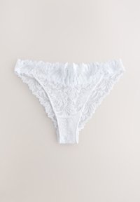 Hvidt blonde kvinde bikini-tyl undertøj med blomster mønstre lagt fladt på en lys baggrund.