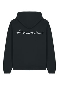 Black hoodie with a drawstring hood, featuring a white cursive "Amour" text on the back. Cotton blend fabric, ribbed cuffs and hem.