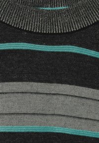 Zwarte pullover met horizontale strepen in grijs en teal. Ribbelboord hals, zachte textuur en lichte breiwerk.