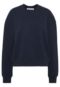 Felpa blu navy, materiale in cotone, scollo a giro, vestibilità rilassata, spalle scese, polsini e orlo a costine con dettagli di cucitura discreti.