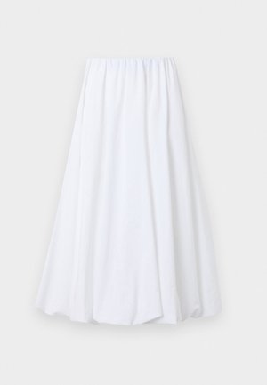 Jupe longue blanche jusqu'à la cheville, dotée d'une taille élastique, fabriquée en tissu léger avec une texture douce et une silhouette fluide.