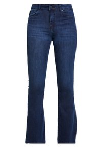 Jeans svasati in denim blu scuro con vita alta, dotati di cinque tasche, passanti per cintura e chiusura con bottone. Texture liscia con dettagli sbiaditi.