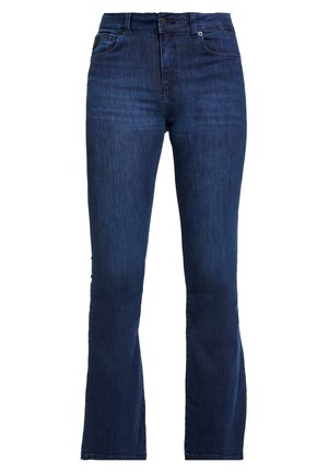 Temno modri flared jeans z visokim pasom, ki imajo pet žepov, pasne zanke in gumbasto zapiranje. Gladka tekstura z detajli bledenja.