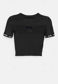 Černé krátké tričko vyrobené z hladkého materiálu. Obsahuje centrální logo a krátké rukávy s kontrastními akcenty loga.