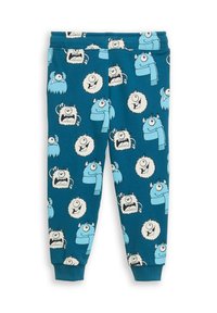 Teal katoenen joggers met een overal patroon van cartoonmonsters in blauw en wit, met verschillende gezichtsuitdrukkingen en accessoires.