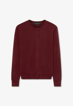Vínový kardigan s dlouhým rukávem, kulatým výstřihem, zapínáním na knoflíky, žebrovanými manžetami a lemem.
