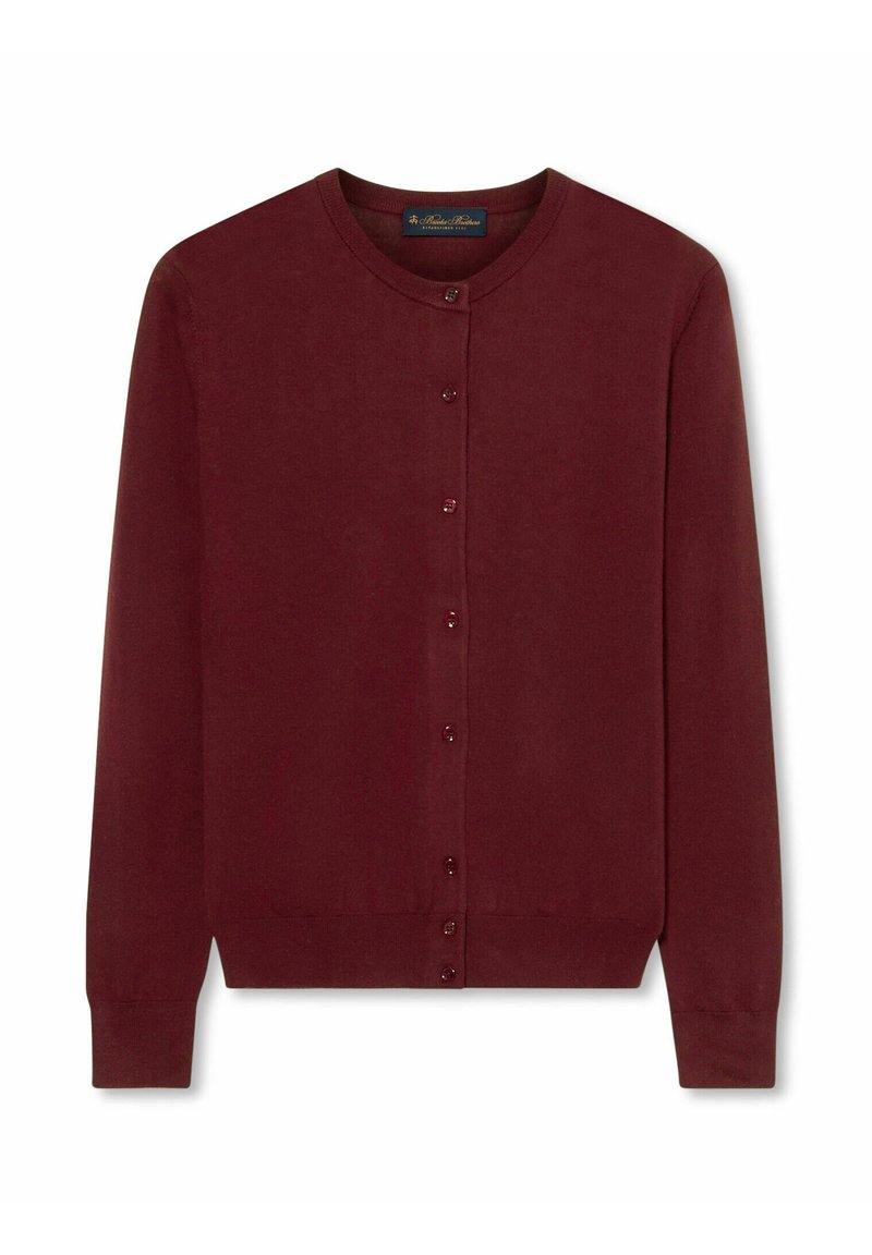 Bordowy kardigan z długim rękawem, okrągłym dekoltem, zapinany na guziki, z prążkowanymi mankietami i ściągaczem.