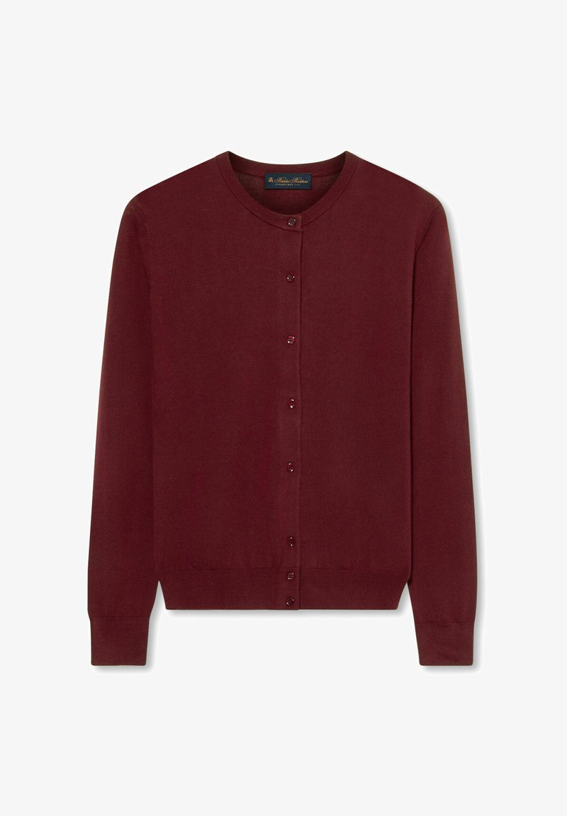 Bordowy kardigan z długim rękawem, okrągłym dekoltem, zapinany na guziki, z prążkowanymi mankietami i ściągaczem.