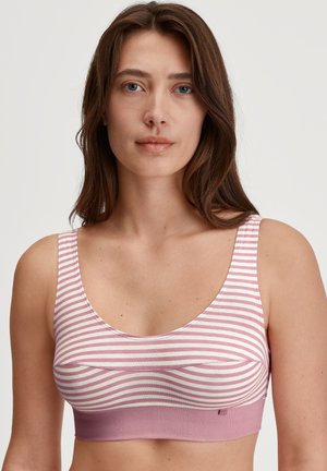 Roze en witte gestreepte bralette met een brede band en ronde hals. Zachte, rekbare stof met een gladde textuur en minimaal beslag.