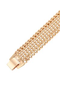 Bracciale a catena in tono oro con design a rete, dettagli di perline rotonde e chiusura a morsetto quadrato. Superficie liscia e motivo intricato.