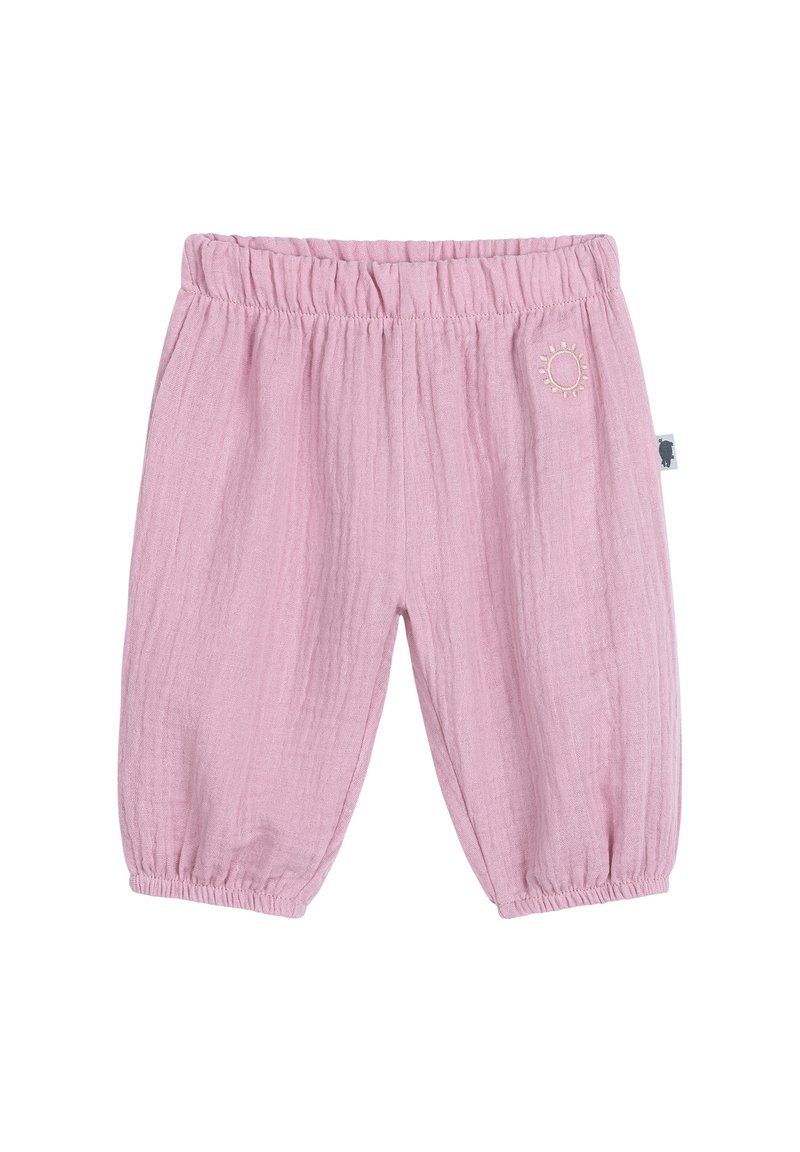 Pantalon en coton rose avec une finition douce et texturée. Comprend une taille élastique et des poignets froncés, agrémentés d'un petit design de soleil.