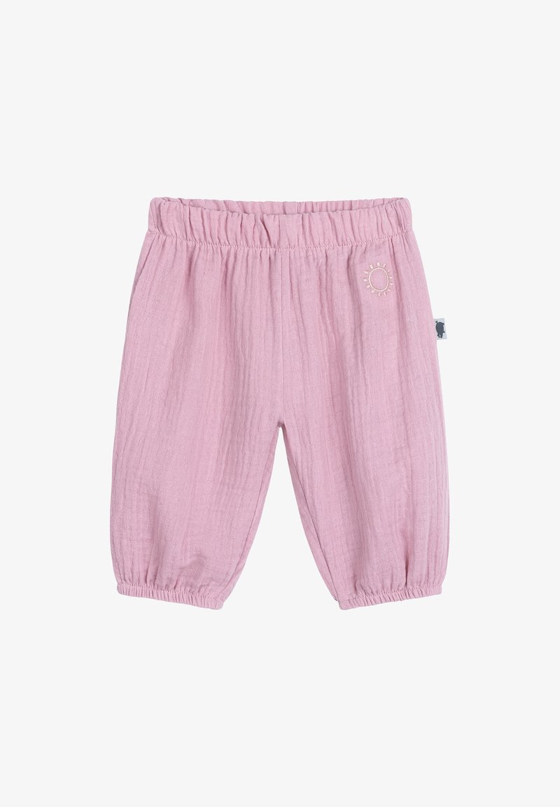 Roze katoenen broek met een zachte, gestructureerde afwerking. Voorzien van een elastische tailleband en gathered manchetten, versierd met een klein zonontwerp.