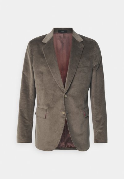 Blazer en velours côtelé marron avec deux poches avant, fermeture à un bouton et doublure intérieure bordeaux. Tissu texturé avec une coupe classique ajustée.